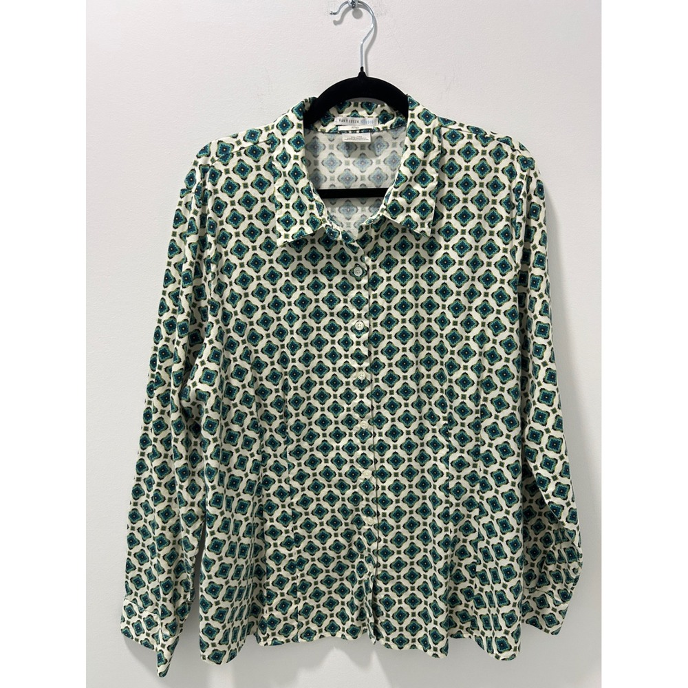 Van Heusen Studio Womens XXL Teal Geometric Medallion Cotton Button Down Shirt